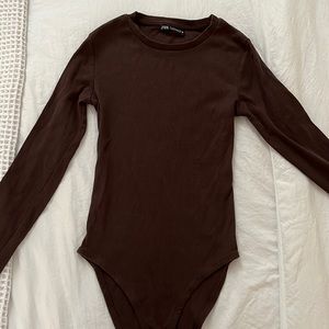 zara brown ribbed long sleeve bodysuit